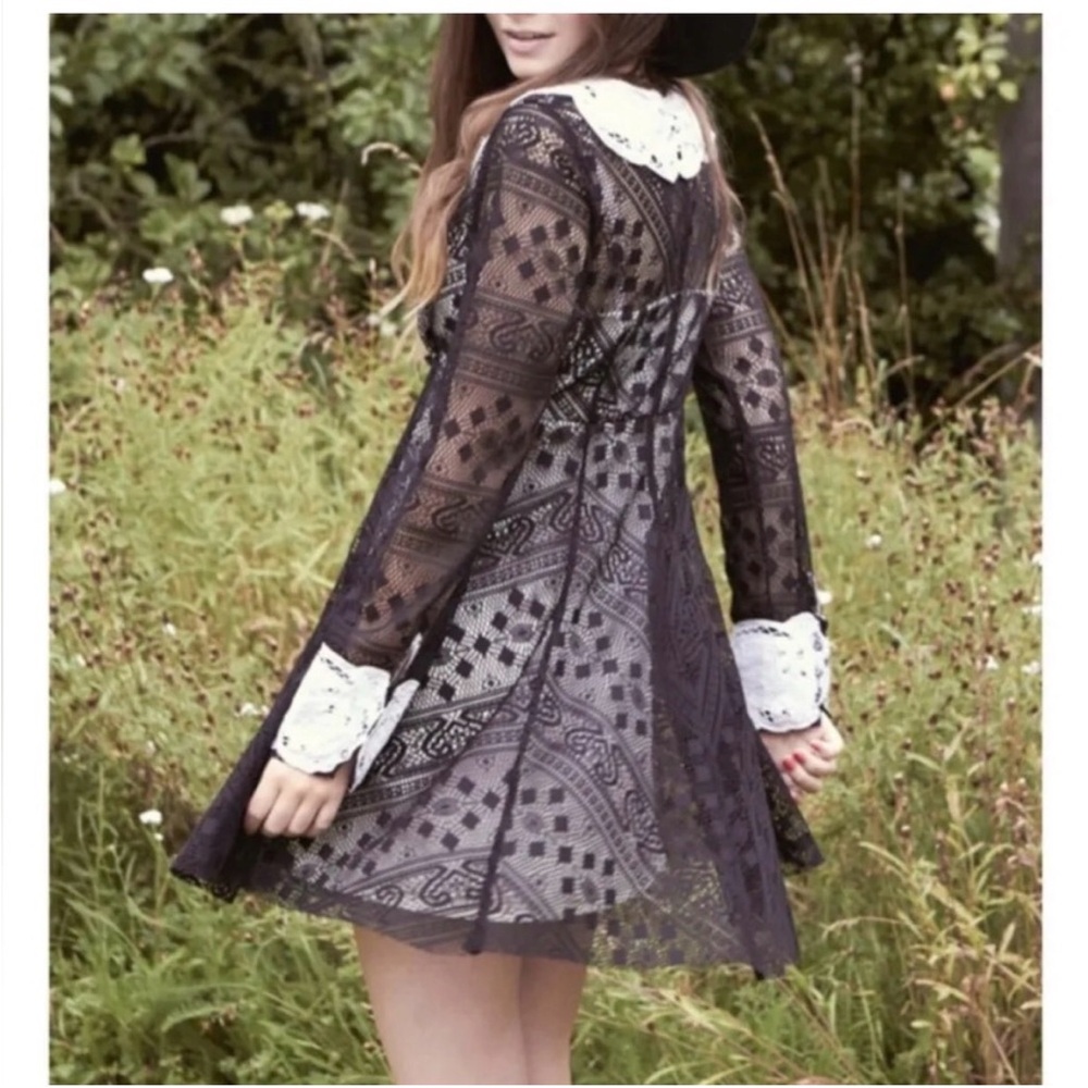 Free People Black & Cream Talk that Talk Peter Pan Fit and Flare Lace Dress